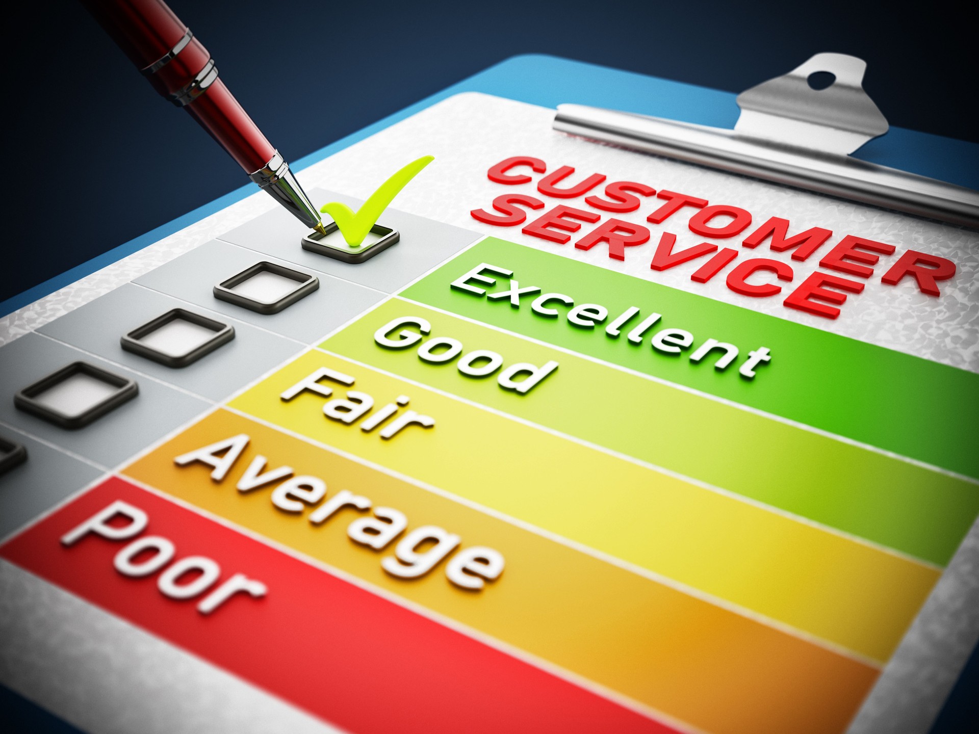 Customer service survey in clipboard including six satisfation level to choose