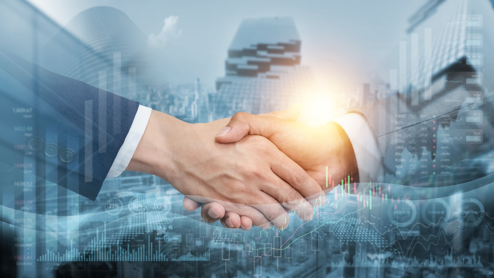 Business finance and investment cooperation, business people shaking hands for business investment partnership, global company growth graph chart, partnership and teamwork, banking and stock market.